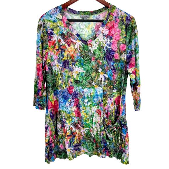 Shana Medium Wearable Art Vibrant Floral Spring Summer Crinkle Blouse Shirt Top - Picture 2 of 10
